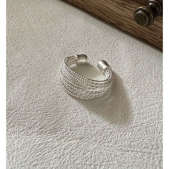 Silver Multi Layer Look Stack Ring Asymmetrical Open Back Wide Trendy Adjustable - Picture 3 of 6